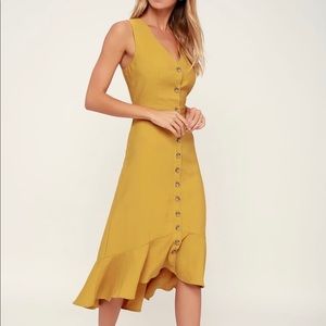When we first met mustard yellow button front midi